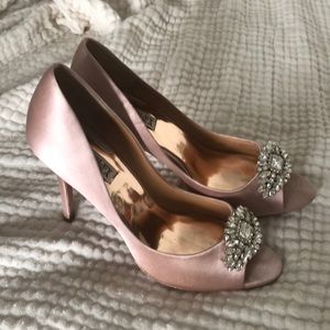 Badgley Mischka Satin Embellished Peep toe Pumps